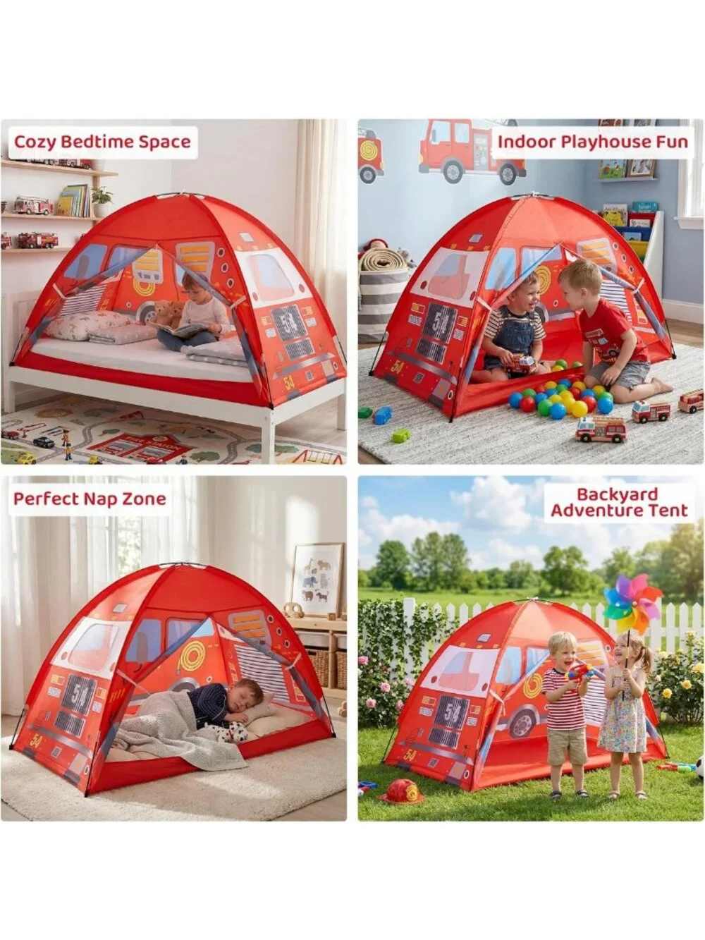 Twin Bed Tent Canopy - Red Fire Truck Play Tent for Kids, Foldable Pop Up Bed